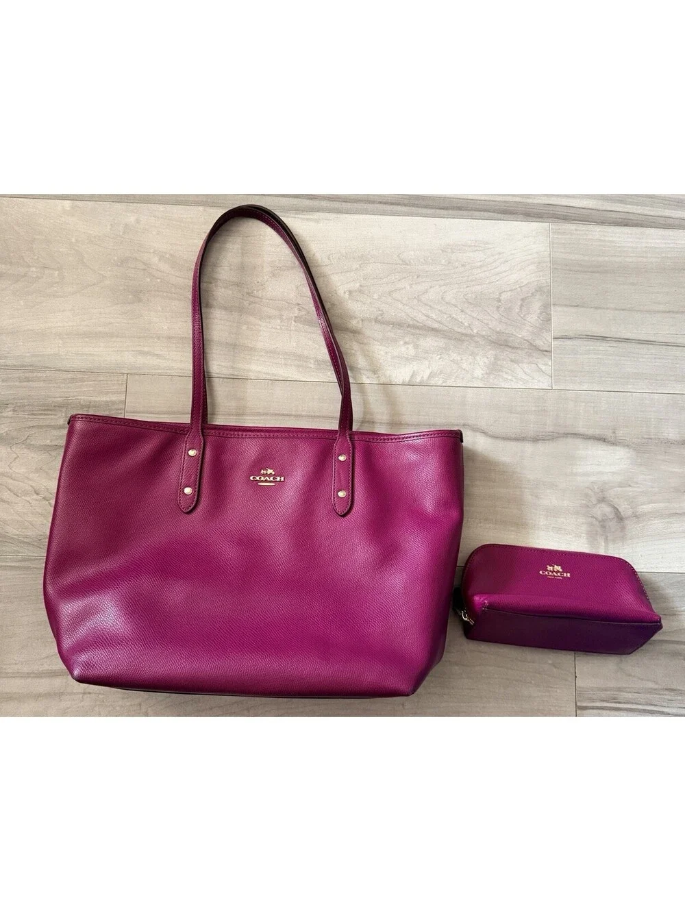 Coach City Zip Tote Magenta Crossgrain Leather Handbag Purse Plus Makeup Bag